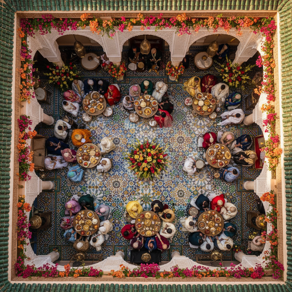 Photographie drone mariage marocain traditionnel - vue aérienne célébration dans un riad