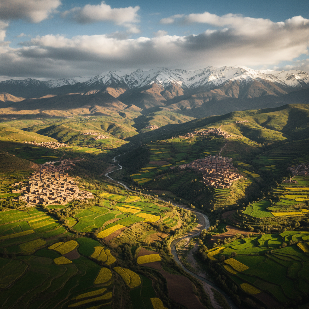 Photographie drone paysage naturel - vue aérienne vallées verdoyantes et montagnes Atlas au Maroc