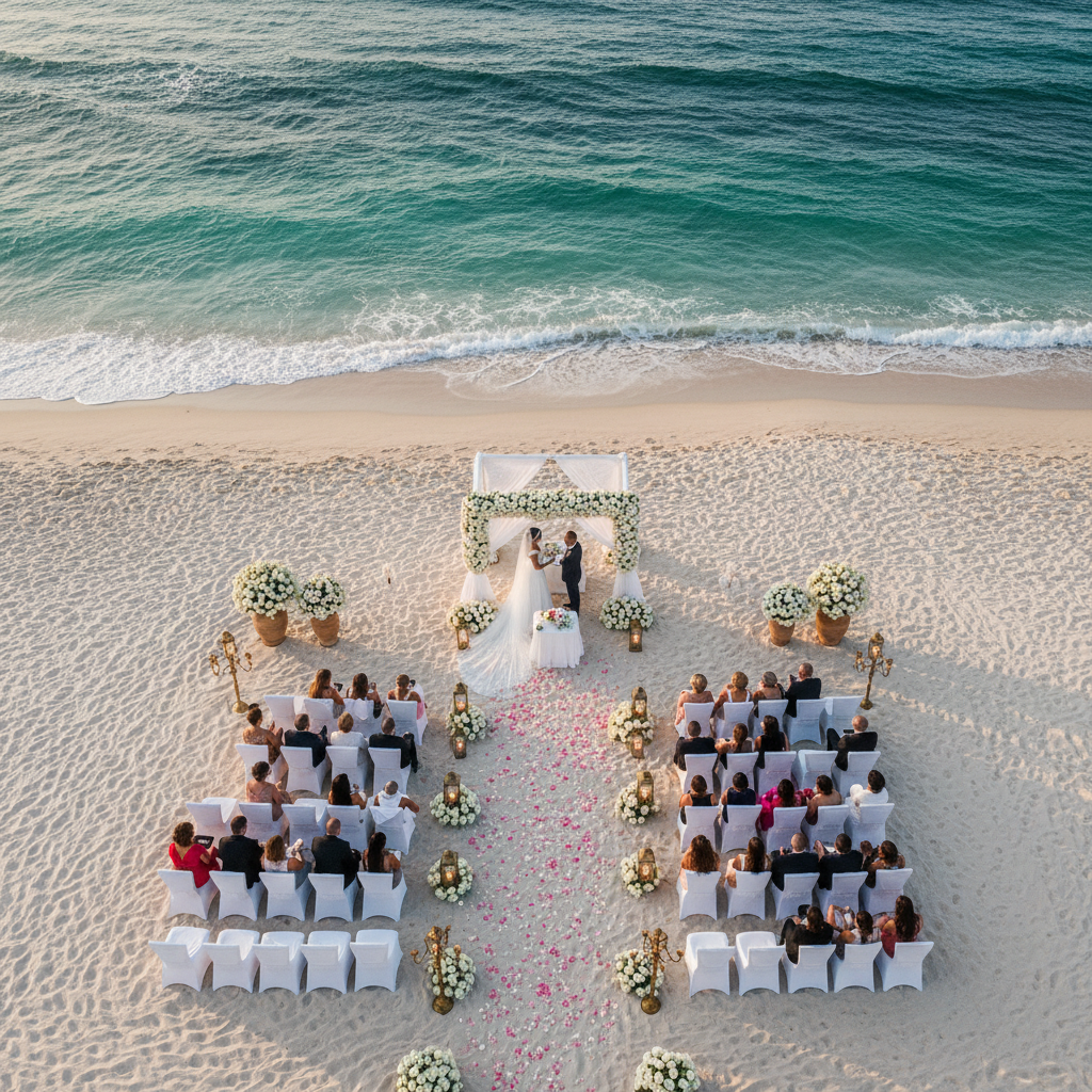 Photographie drone mariage sur la plage - vue aérienne cérémonie de mariage au bord de la mer